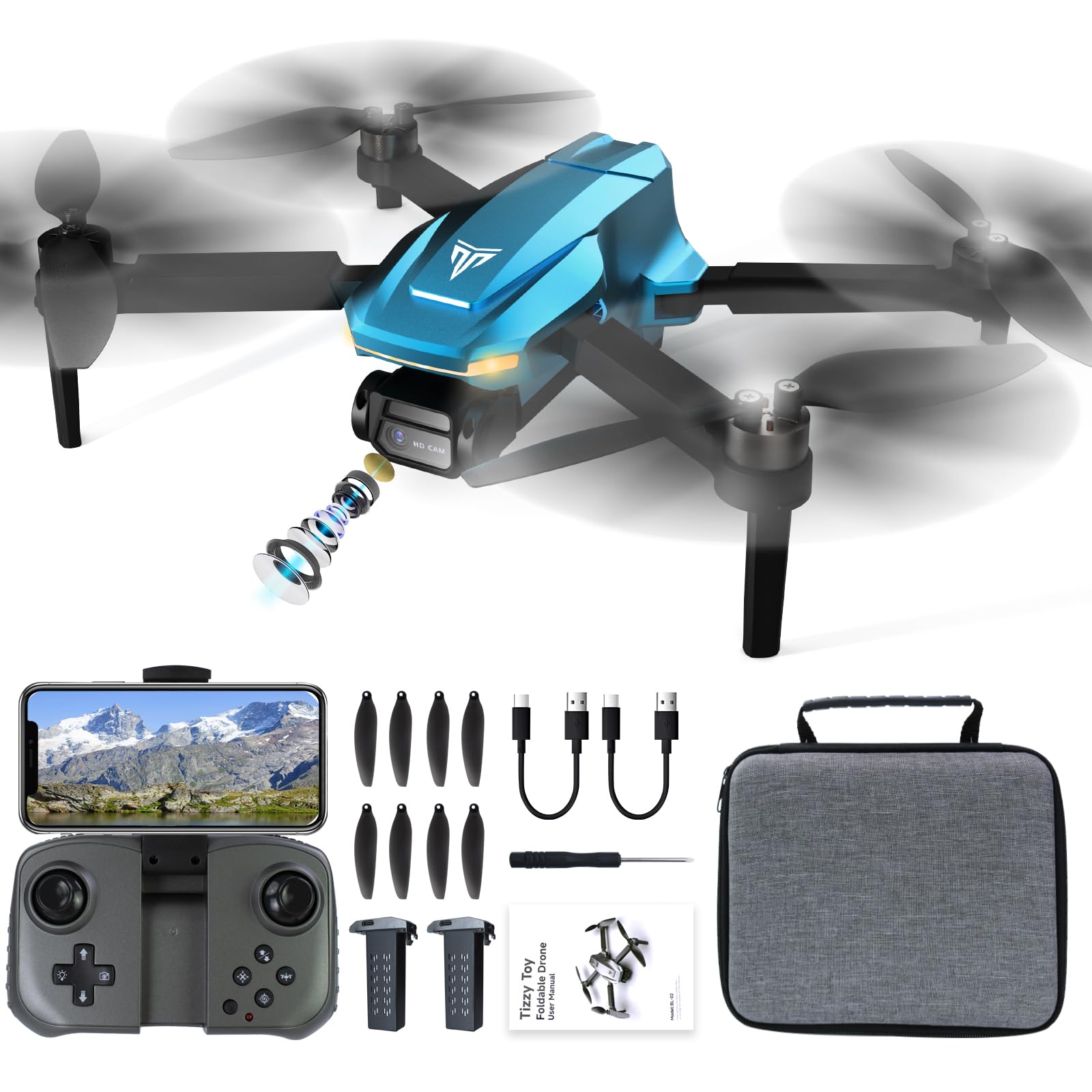 Brushless Motor Drone with 4K FPV Camera, RC Quadcopter with Carrying Case, 36-min Flight Time, Headless Mode, 90° Adjustable Lens, 3 Speed Adjustment, 2 Batteries, Foldable Drone for Adults, Beginners, Christmas gifts – Blue