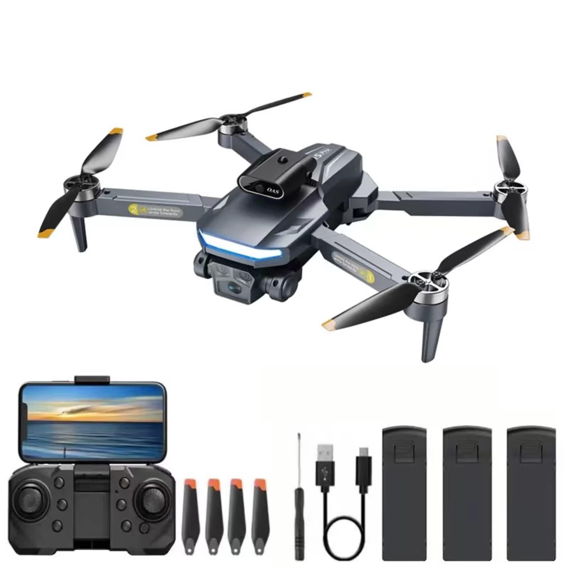 HOTOSYY drone optical flow positioning, electric adjustment, three camera obstacle avoidance, brushless motor, gray camera drone, suitable for beginners and adults (two battery)