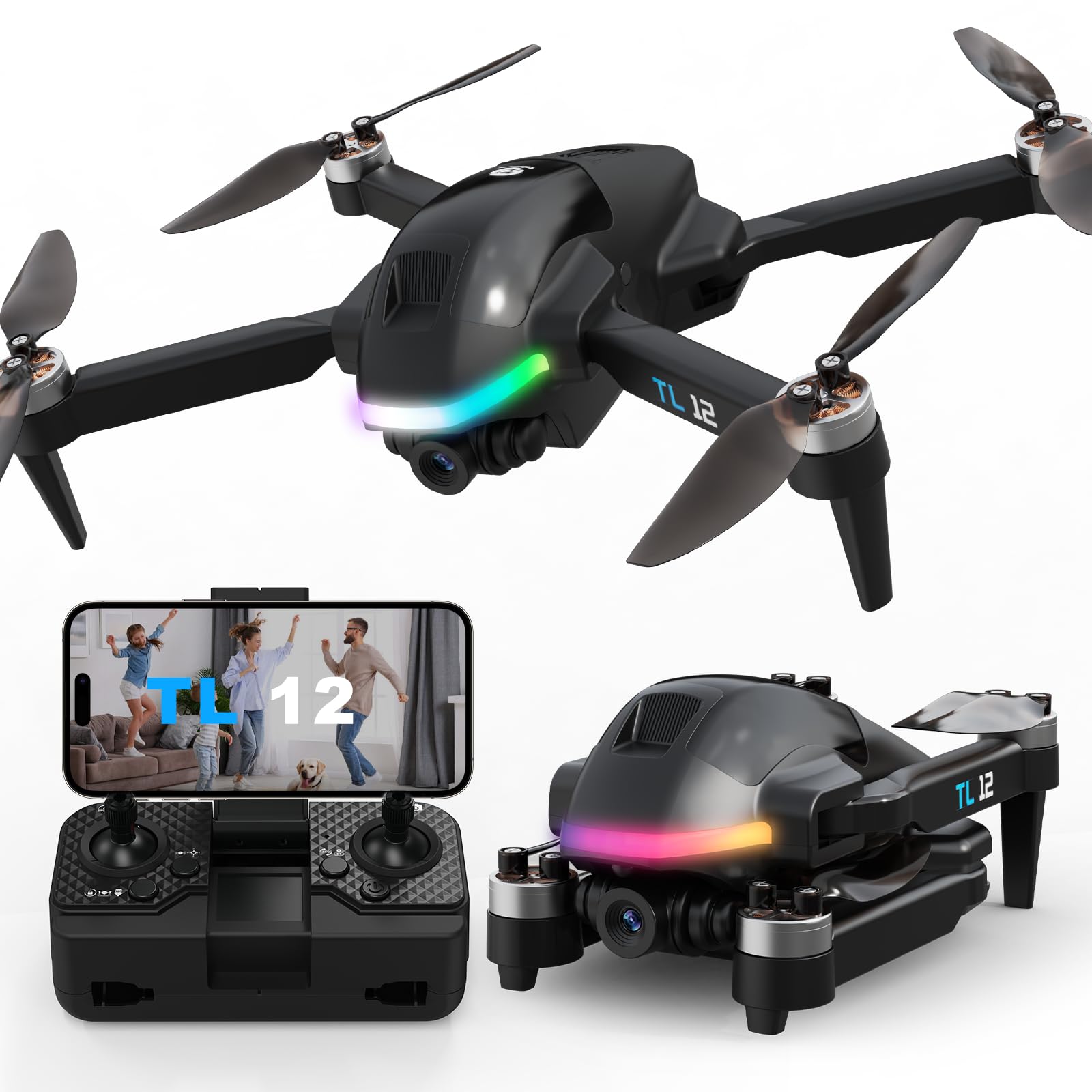 TL12 RGB Lighting Drone Brushless Motors Drones with Camera 1080P HD 3D Flips FPV Transmission Optical Flow Altitude Hold Headless Mode One Key Start RC Quadcopters for Beginners Multiple Lights