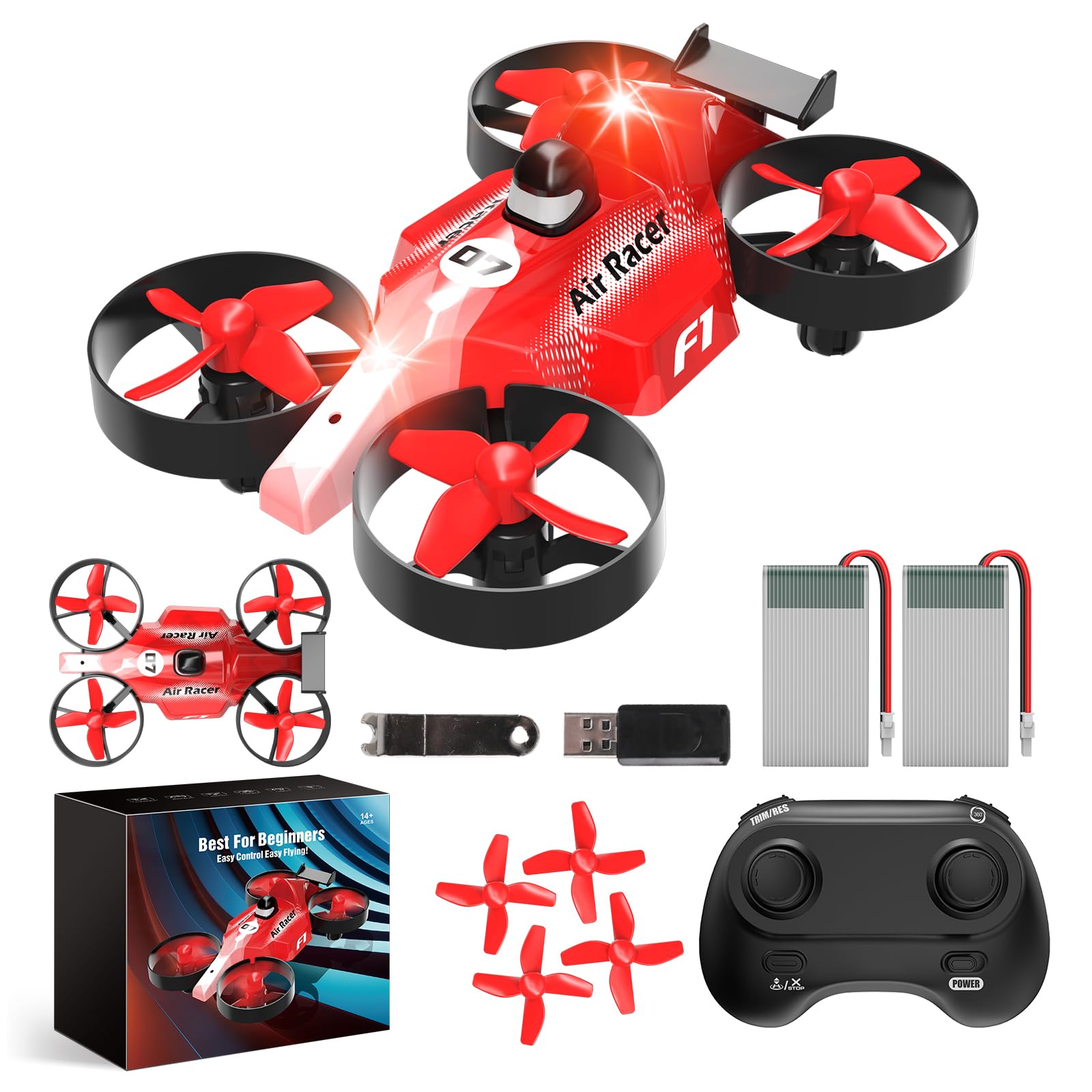 Drones for Kids, Mini Drone for Beginners, Small Indoor RC Quadcopter Helicopter Plane with Air-Ground Dual Mode Switch, Headless Mode, 3D Flip, Auto Hovering and 2 Batteries, Toy Gift for Boys and Girls, Red