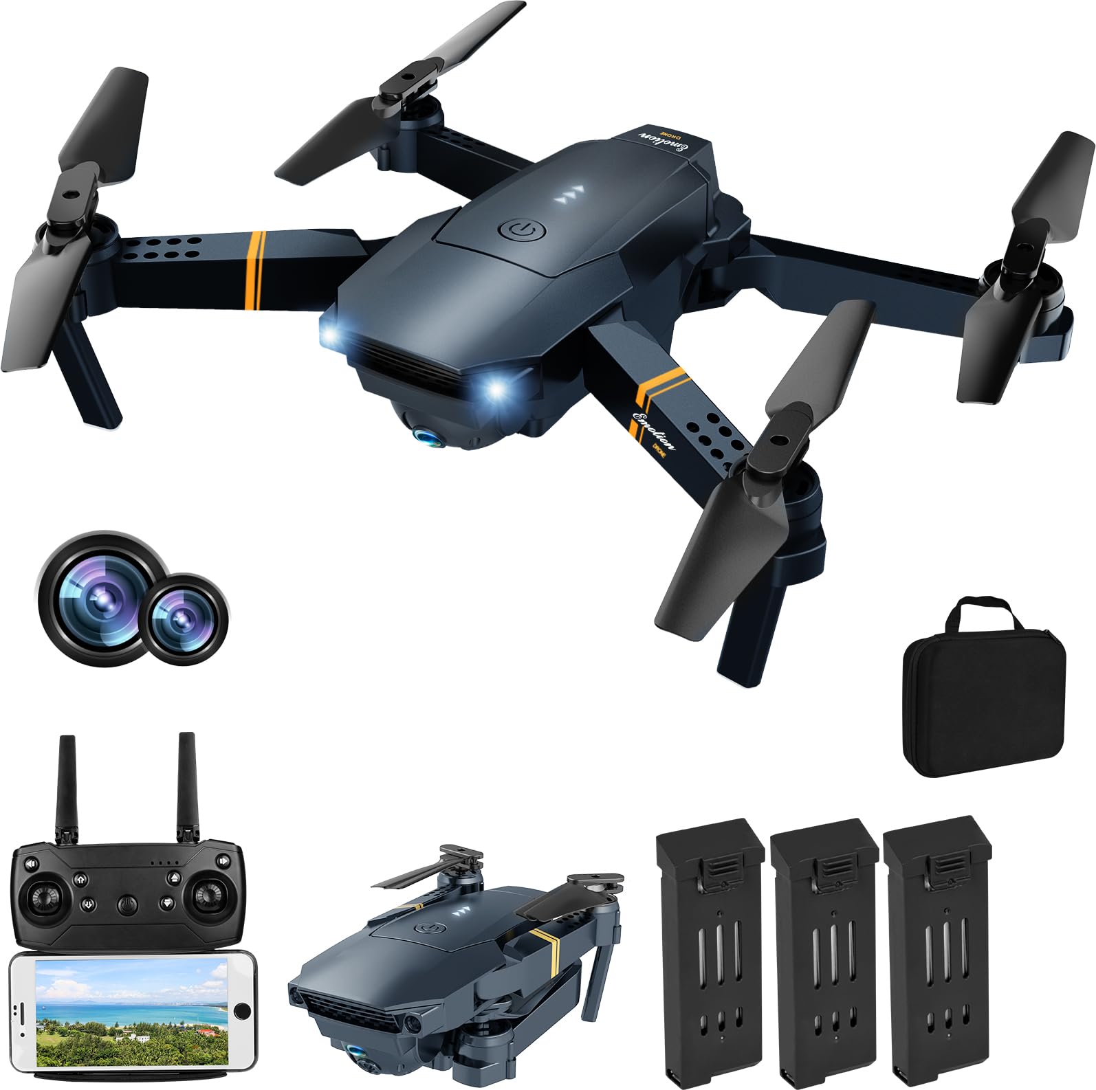 MOCVOO Drones with Camera for Adults, Foldable RC Quadcopter, Helicopter Toys, 1080P FPV Video Drone for Beginners, 2 Batteries, Carrying Case, One Key Start, Altitude Hold,Headless Mode,3D Flips