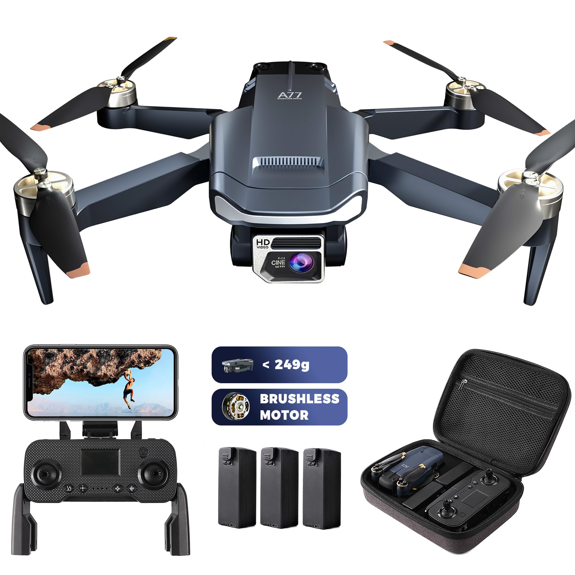 Super Enduring Brushless Motor Drone with Camera for Beginners, CHUBORY A68 WiFi FPV Quadcopter with 2K HD Camera, Auto Hover, 3D Flips, Headless Mode, Trajectory Flight, 2 Batteries, Carrying Case