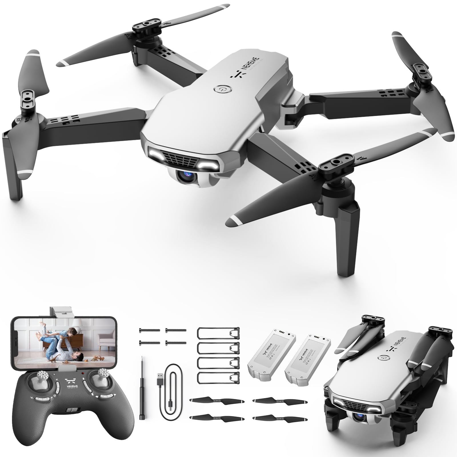 Drones for Kids with Camera – Remote Control Helicopter Toys Gifts for Boys Girls, 1080P HD FPV Mini Drone for Adults, RC Quadcopter with One Key Start/Land, Altitude Hold, Gesture Selfie, 2 Batteries