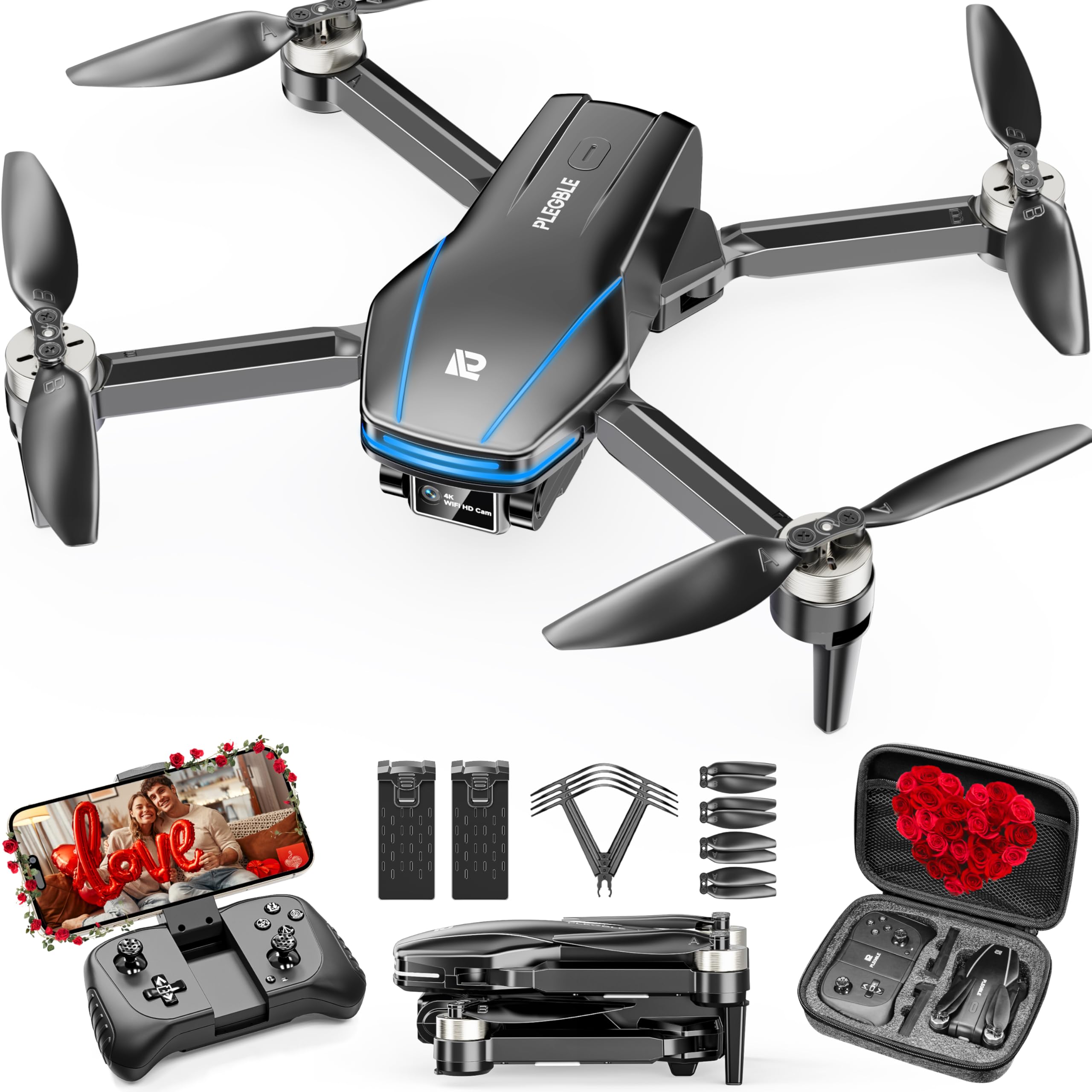 PLEGBLE Drones with Camera 4K for Adults Kids, Brushless Motor Mini Drones FPV Foldable RC Drone with Propeller Guards for Beginners, One Key Take Off/Land, Voice Control, Anti-Lost Alarm, Christmas Gift Toys for Men Boys