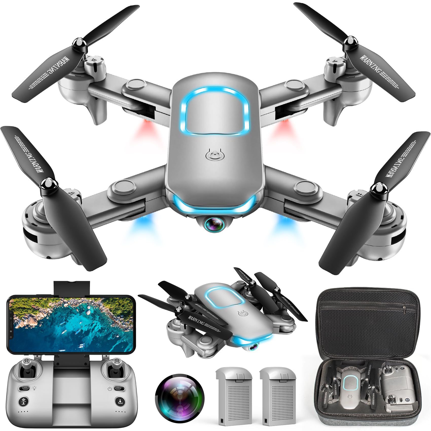 Drone with Camera – Foldable Drone for Begniners with 1080P FPV Camera, Upgrade Altitude Hold, Gestures Selfie, Waypoint Fly, Headless Mode, 3D Flip, One Key Start, 3 Speed Mode, Circle Fly, 2 Batteries