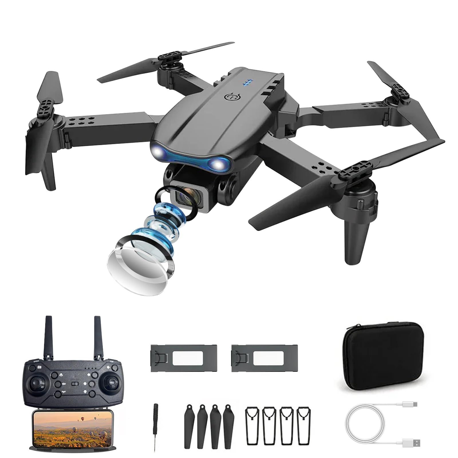 Foldable Drone for Beginners with 1080P Dual Cameras, One-Key Takeoff/Landing, Headless Mode, Altitude Hold, Gesture Control, Real-Time Transmission, LED Lights, Design(2 Battery)