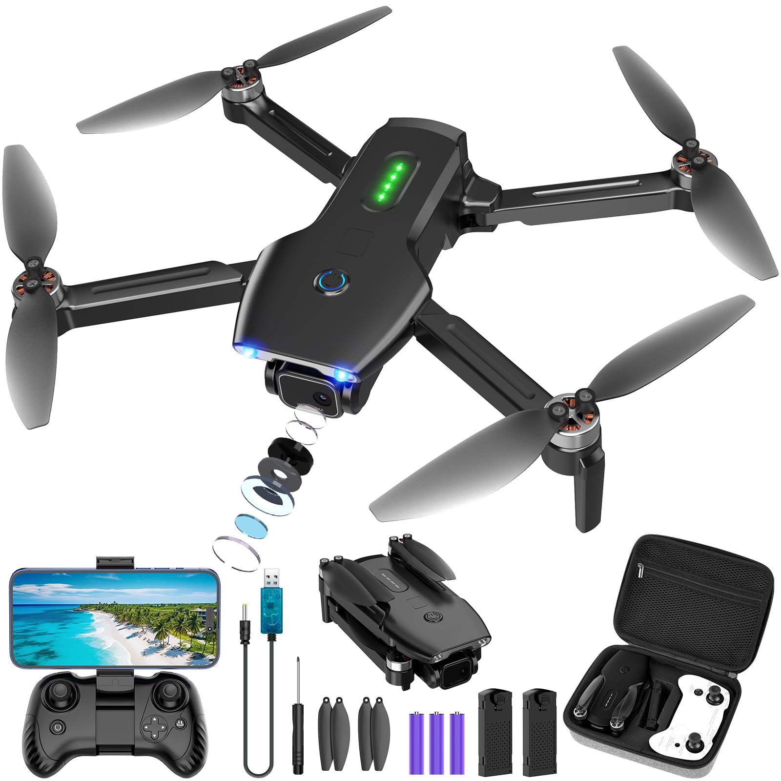 Drone with Camera, Brushless Motor 1080P FPV Drone with 2 Batteries, One Key Take Off/Land, 360 Flips, Waypoint Fly, Altitude Hold, Gravity Control, Foldable Mini Drones for Kids Adults, Beginner